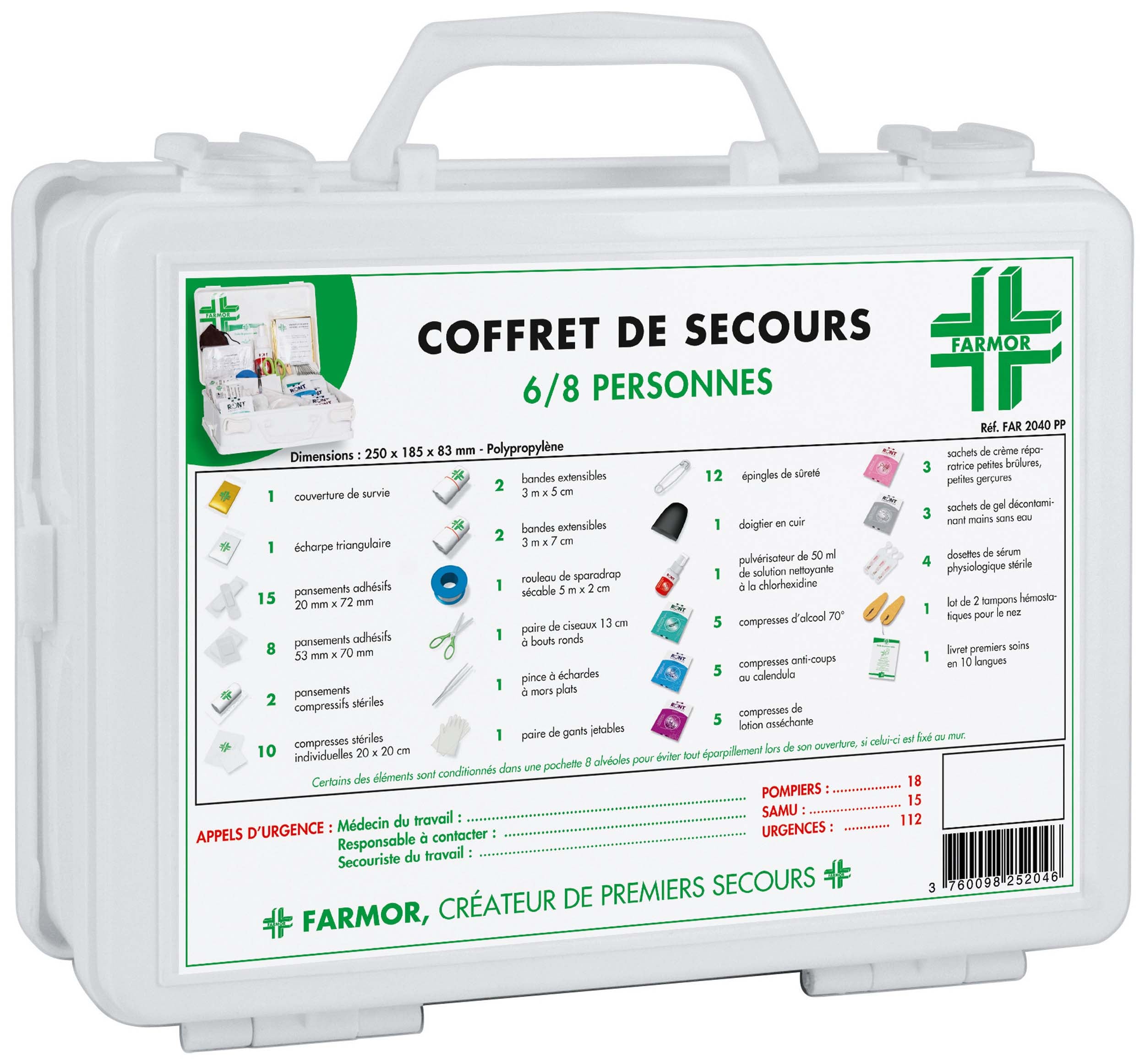 Coffret de secours 6 à 8 personnes avec support mural - Farmor