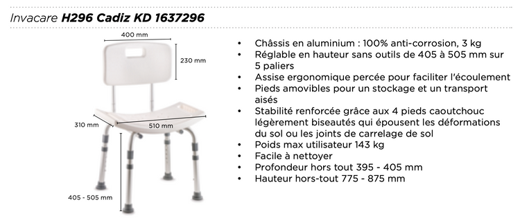 Chaise 2 en 1 ou Tabouret de douche -  CADIZ  - Invacare